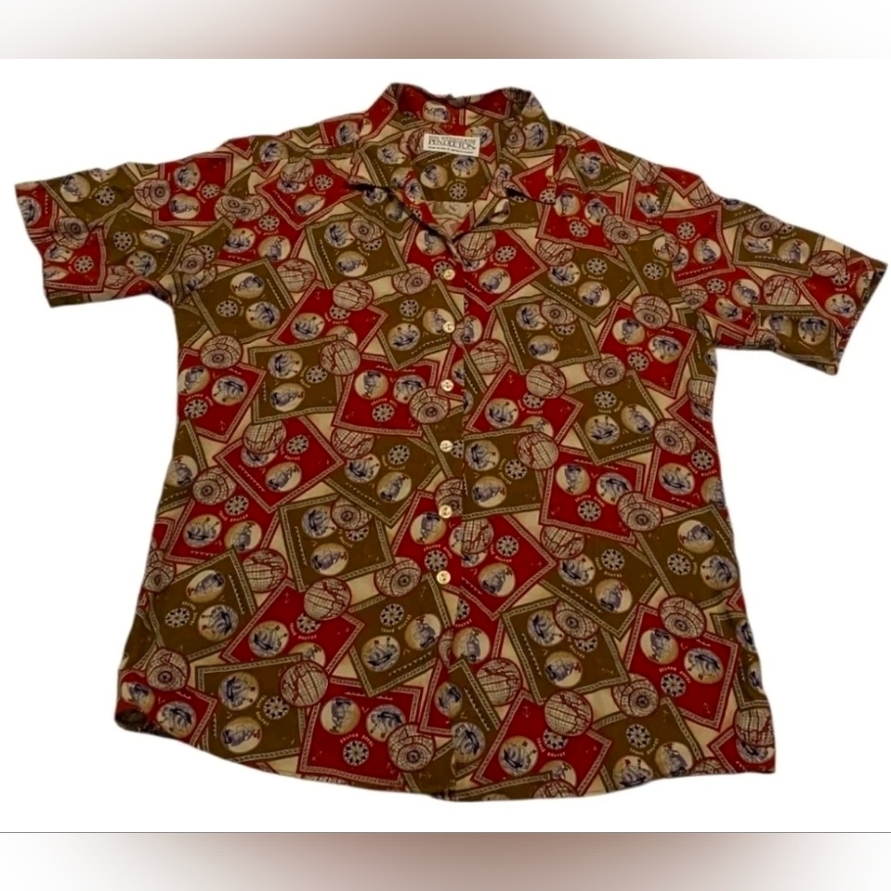 Vintage PENDLETON Rayon Blouse 8 Nautical Map‎ Print Silk-Feel Navy Trade Routes